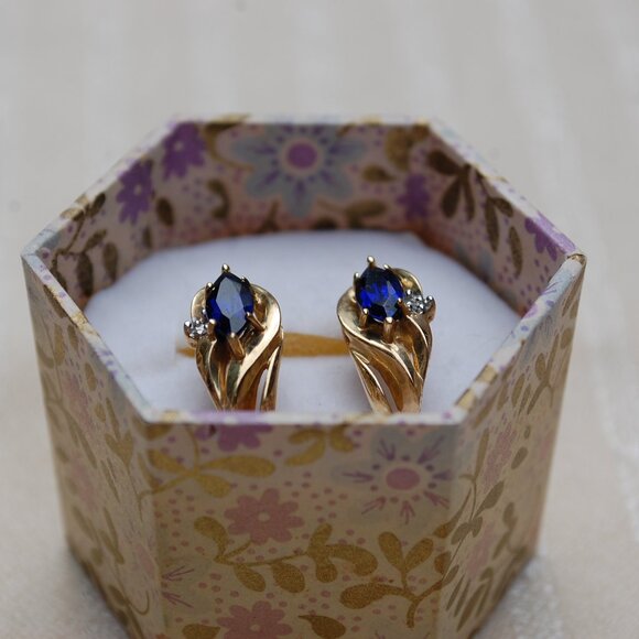 Blue Sapphire and Diamond 10k Gold Earrings - Picture 4 of 15